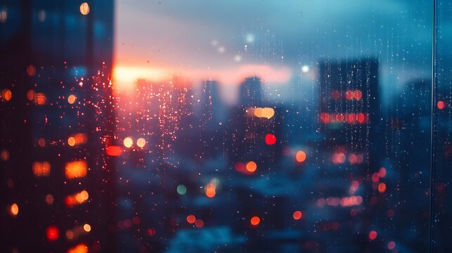 A blurry view of a cityscape at sunset, seen through a window with raindrops. - Powered by Adobe