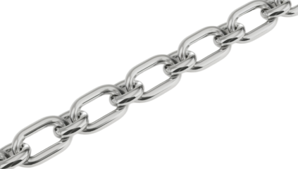 A detailed close-up view of a shiny, polished metal chain link on a plain white background, showcasing its industrial strength and metallic texture