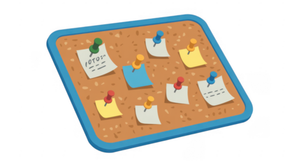 Blue bulletin board with colorful notes push pins corkboard isolated on a transparent background