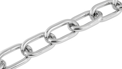 Obraz premium A digitally rendered, highly realistic metallic chain with gleaming, interlinked components, showcasing robust strength and secure interconnectedness against a clean, pristine white background