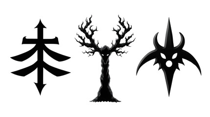 Three intricate symbols representing nature, balance, and transformation on a dark background