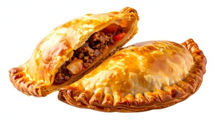 Savory, golden-brown pastry filled with seasoned meat, cut open for display