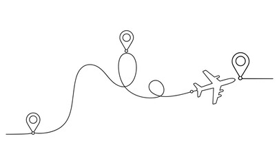 Airplane flying on a dotted line path with three location pins flight travel journey.