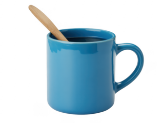 Blue ceramic mug with wooden spoon blue mug coffee mug isolated on a transparent background