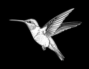 Obraz premium Monochrome illustration of a hummingbird in flight, wings outstretched, detailed rendering on a stark black background