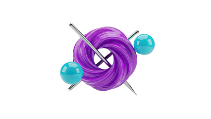 Abstract 3D render of a purple swirl with blue spheres and silver needles