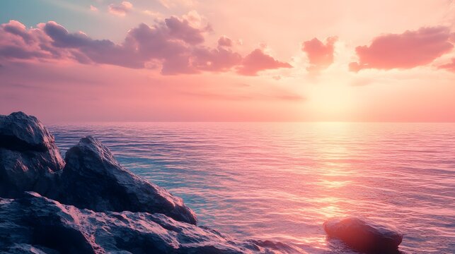 A breathtaking sunset over the ocean, casting warm golden light on the water and rocky shoreline. - Powered by Adobe