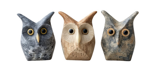 Three intricately carved wooden owl figurines displayed against a neutral background