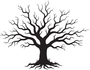 Obraz premium Vector art of a stark black silhouette of a bare deciduous tree with intricate branches stands isolated on a clean white background, symbolizing winter