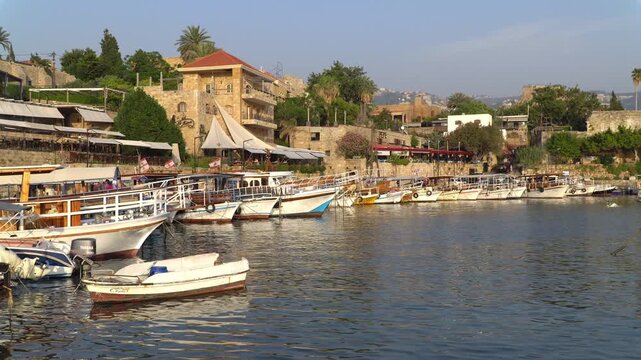 Boats moored in the port of Byblos, a small Mediterranean port located in historic town of Byblos, Lebanon.
