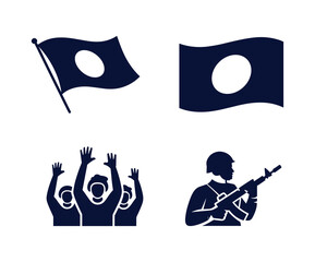 Dark blue silhouette of a soldier with rifle and waving flags with circle military protest.