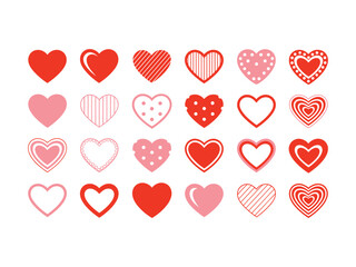 Collection of red and pink hearts with various patterns and outlines love icon set.