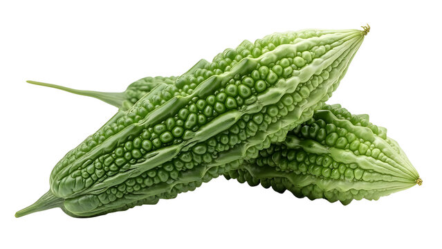 Two fresh green bitter melons with textured skin isolated PNG with Transparent Background