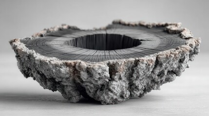 Cross-section of a charred, weathered tree trunk, isolated on white