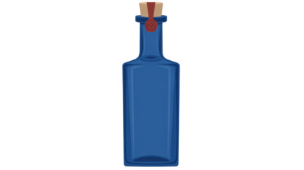 Blue glass bottle with cork and red seal blue bottle isolated on a transparent background