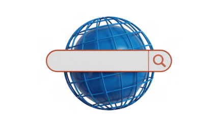 Blue globe with search bar isolated on a transparent background