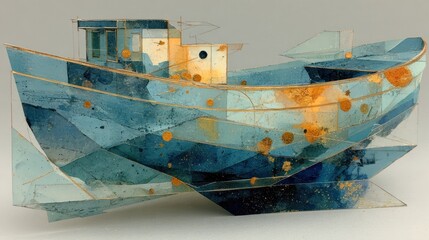 Geometric boat sculpture of blue and gold hues