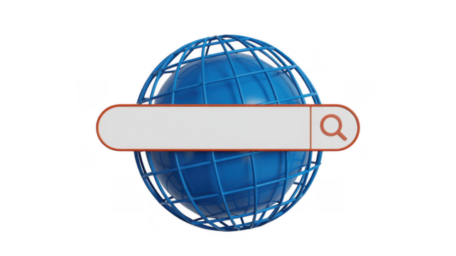 Blue globe with search bar isolated on a transparent background - Powered by Adobe