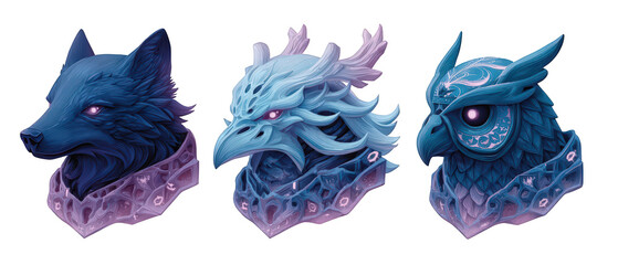 Three intricately designed animal heads showcasing a wolf, an eagle, and an owl in vibrant colors