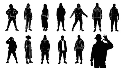 A diverse collection of urban youth silhouettes in various poses, showcasing contemporary streetwear fashion and individual expressions.