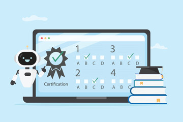 artificial intelligence Technology for education concept. AI Searching , study and research by using ai online for approach knowledge. Diploma, university E-learning graduation illustration vector.