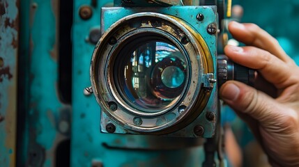 A close-up of a hand adjusting an old, rusty camera lens. The lens reflects the surrounding environment and is surrounded by a weathered, blue metal frame.
