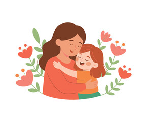 Mother and daughter hugging surrounded by coral flowers and green leaves embrace love. Happy mothers day design.