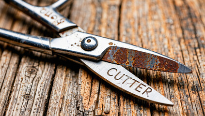Rusty Metal Scissors Labeled "Cutter" on Wooden Surface