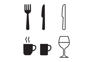 Vector Kitchenware and Tableware Icon Set with  and Cups   of  Forks Spoons and Knife  in Solid and Outline Styles isolated   on white   Background