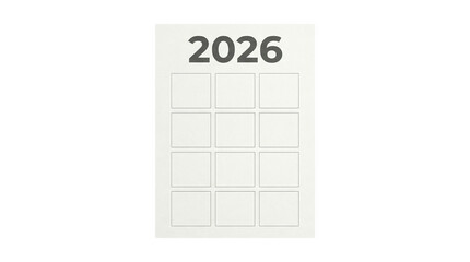Calendar for the year 2026 with empty squares for dates, AI, PNG