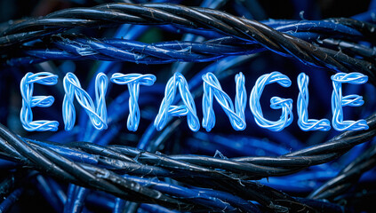 Glowing Text "Entangle" Over Blue Wires