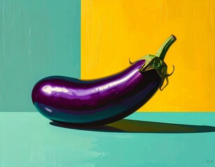 컬러풀한 배경 위 곡선을 이루는 가지의 미니멀 그래픽 아트 포스터 Minimalist graphic art poster of a curved eggplant on colorful background
