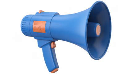 Blue plastic megaphone with orange accents blue megaphone isolated on a transparent background