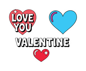 Red heart with love you text and blue heart with valentine text.