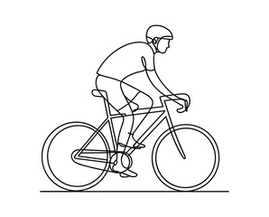 Single line of a cyclist wearing a helmet riding a bicycle sport.