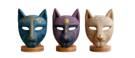Three intricately designed animal masks representing different cultures, displayed on wooden bases