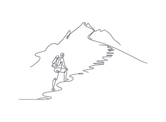 Line art of a hiker with backpack climbing a winding mountain design.