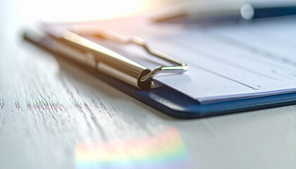 Fototapeta premium Focus on Details: A close-up shot of a pen rests on a document secured by a clipboard, against the backdrop of a clean, wooden surface, highlighting a concept of documentation, paperwork, business.