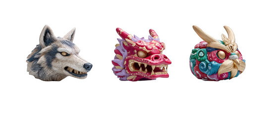 Three intricately designed animal masks showcasing a wolf, dragon, and colorful creature against a plain background