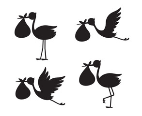 Stork Delivering Baby Silhouettes vector illustration set includes 4 stork designs in different positions, featuring a classic stork carrying a baby bundle. 