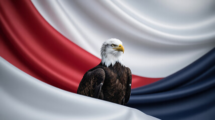 A majestic bald eagle portrait with a focused gaze is framed by the flowing colors of the american flag