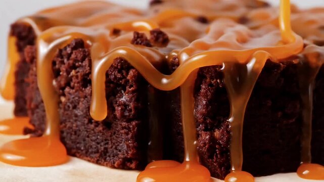 Close-up of rich chocolate brownies being generously drizzled with luscious golden caramel sauce, creating a tempting and decadent dessert. The sweet caramel slowly drips down the moist cake.