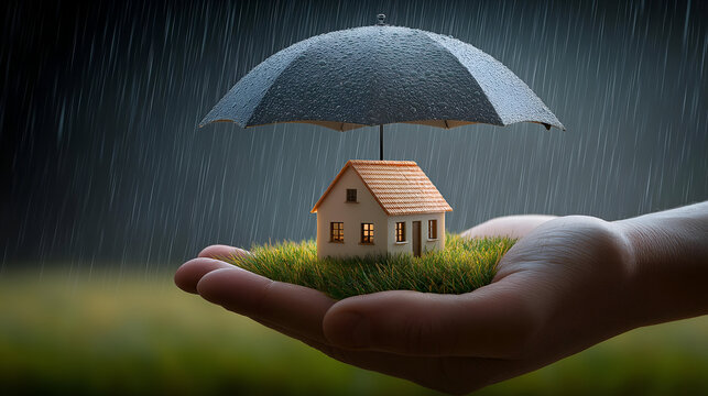 A symbolic representation of protection and security, showcasing a miniature house under an umbrella, held by a hand in a rainy environment.