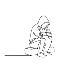 Single line of a person in a hooded sweatshirt sitting.