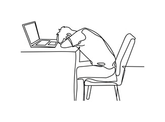Single line of a person sleeping at a desk with a laptop chair.