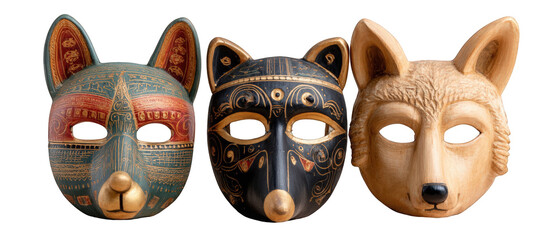 Three intricately designed animal masks showcasing detailed craftsmanship and cultural significance