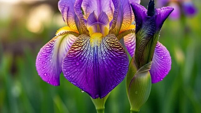Iris Bloom: A vibrant display of nature's artistry unfolds as a majestic iris flower unfurls its delicate petals, showcasing rich shades and intricate details. 