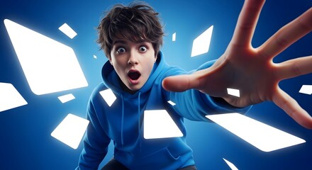 A surprised young person in a blue hoodie reaching out amidst glowing digital shapes on a vibrant blue background.