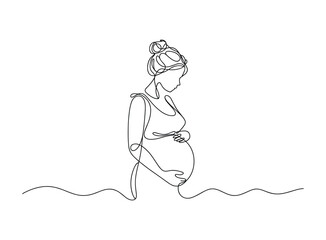 Single line of a pregnant woman holding her belly.
