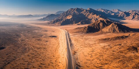 Fototapeta premium Aerial desert road leading to mountain range, vast landscape, warm golden tones, minimal travel concept